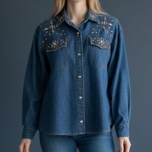 Vtg DONNA 1980s Bedazzled Denim Chambray Western Cowgirl Shirt